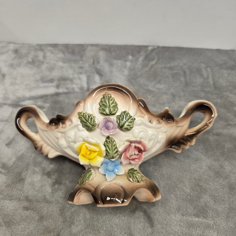 Vintage Capodimonte Floral Pedestal Vase Ornate Scrolled Handles 3D Flowers